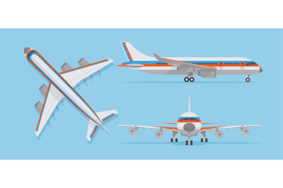 Modern passenger airplane&2C; airliner in top&2C; side&2C; front view. Vector a