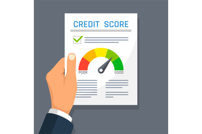 Businessman hand holding credit history finance document with score in