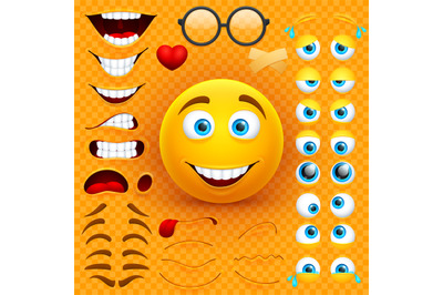 Cartoon yellow 3d smiley face vector character creation constructor. E