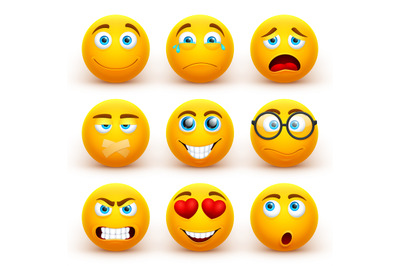 Yellow 3d emoticons vector set. Funny smiley face icons with different