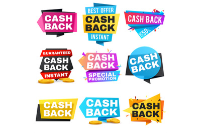 Money cash back vector labels and stickers set