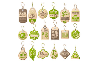 Vintage cardboard eco price tags. Shop organic bio farm vector paper l