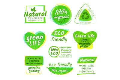 Healthy eco vegetarian food organic vector logos and products stickers