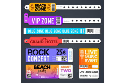 Event entrance vector bracelets and stadium zone admission tickets tem