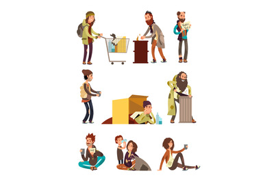 Hungry dirty homeless people. Adult woman and man begging money vector