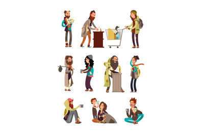 Poor unhappy homeless cartoon people needing financial help. Vector ch