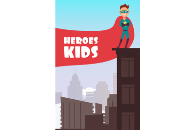 Boy superhero with red cloak over the city buildings vector super kids