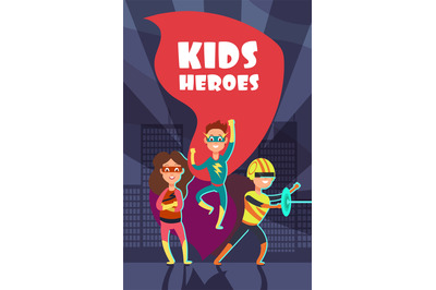 Brave superhero kids cartoon vector poster