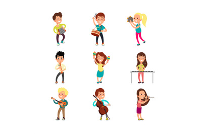 Happy children musicians with musical instruments. Talented kids playi