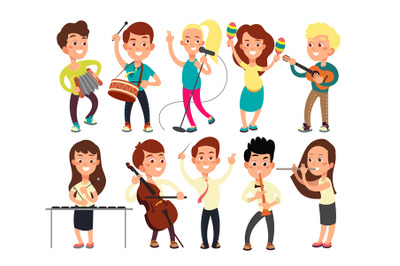 Schoolkids playing music on stage. Children musicians performing music