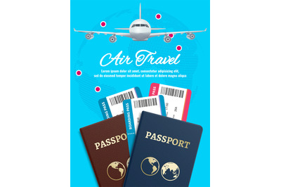 Air travel banner with earth plane passport and tickets