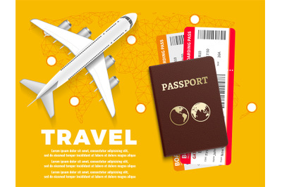 Air travel banner with plane world map and passport - vacation concept