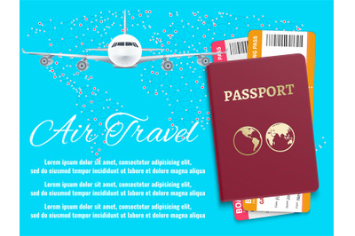 Air travel banner with world map airplane passport