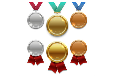 Champion gold, silver and bronze award medals with red and colors ribb