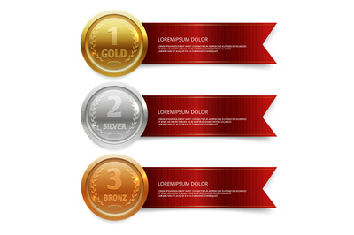 Champion gold, silver and bronze medails with red ribbon banners