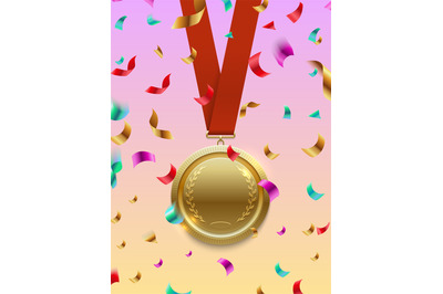 Winner concept vector - gold medal on red ribbon and confetti