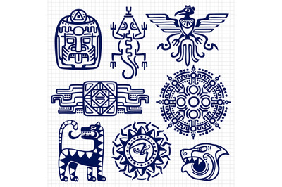 Ballpoint pen american aztec, mayan culture native totems on notebook