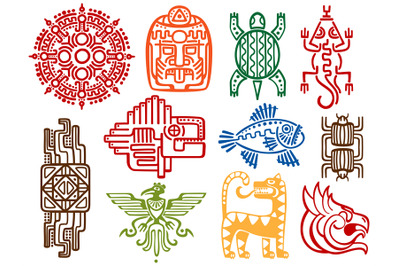 Colorful ancient mexican vector mythology symbols - american aztec, ma