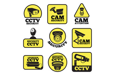 CCTV labels. Vector illustrations with security cameras symbols