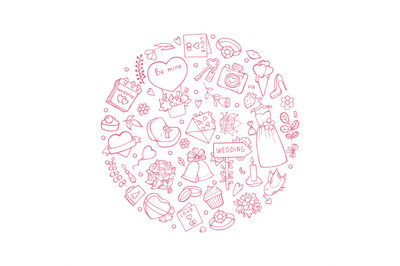 Wedding symbols in circle shape. Vector illustrations of wedding