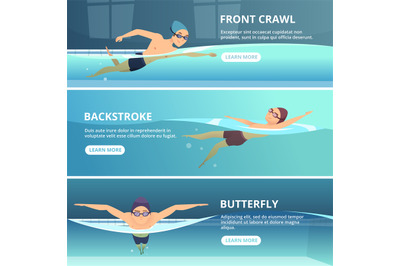 Swimming pool with swimmers. Horizontal banners with sport illustratio