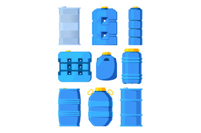 Water tanks. Set of various barrels in cartoon style