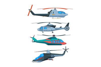 Cartoon avia transport. Various helicopters isolated on white