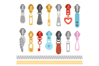 Metallic zippers. Vector tools for clothes set