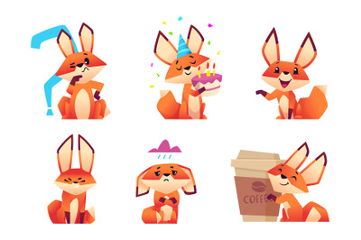 Cartoon fox characters. Orange fluffy wild animals poses and emotions