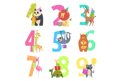 Birtday numbers animals. Party fun invitation for kids celebration cha