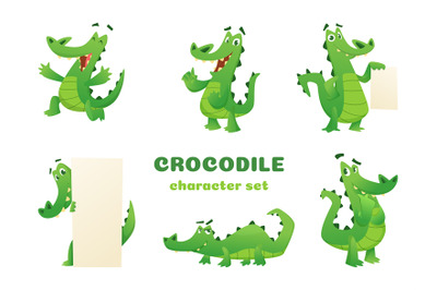 Cartoon crocodile characters. Alligator wild amphibian reptile green b