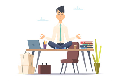 Businessman yoga meditation. Office relax in stressed work busy man si