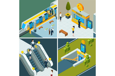 Public subway isometric. Metro railway escalator, train and subway gat