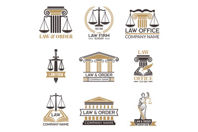 Badges of law and legal. Hammer of judge, legal code black illustratio