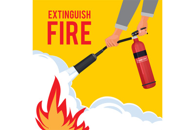 Extinguisher in hands. Firefighter with fire red extinguisher extingui