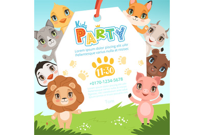 Animals kids invitations. Cute funny jungle animals in cartoon style p