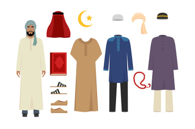 Arabic man clothes. National islamic fashion of male costumes wardrobe