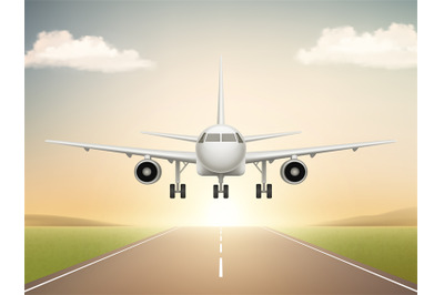 Jet aeroplane on runway. Aircraft takeoff from civil airline to blue s