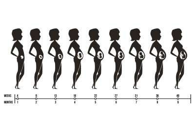 Pregnancy stages. Silhouettes of happy mom with newborn child female p