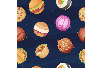 Food planets pattern. Fantastic space world with sweets fast food burg