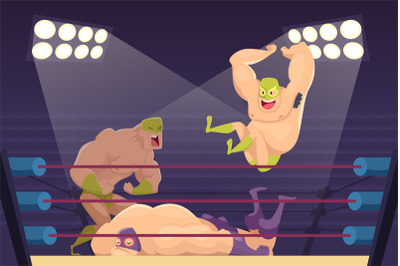 Wrestlers fighting. Sport cartoon mortal background with combat charac