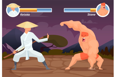 Game fighting. Screen location of computer 2D gaming asian fighter vs