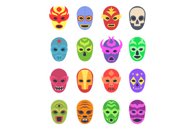 Wrestler masks. Mexican martial fighters sport clothes colored lucha l