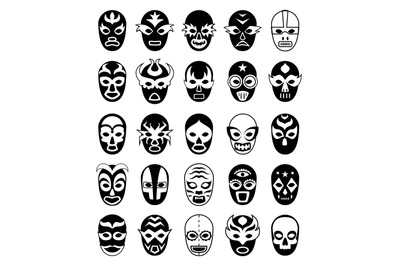 Fighters masks. Mexican lucha libre silhouettes of vector masked lucha