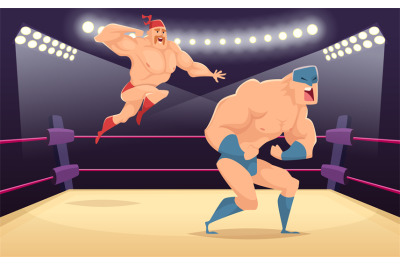 Wrestler fighters cartoon. Cartoon martial characters at ring funny ac