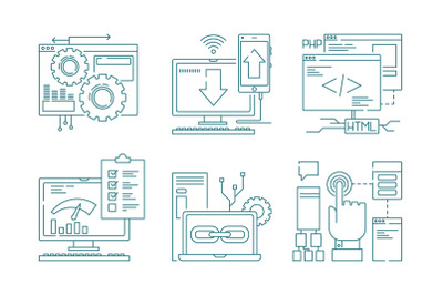 Web development line icons. Seo mobile layout web design creative proc