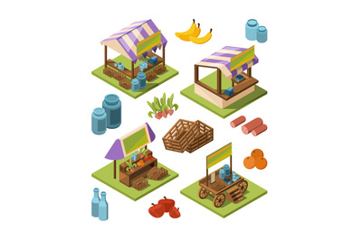 Local farm isometric. Outdoor marketplaces with country food fruits ve