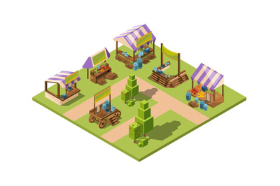 Outdoor food market. Isometric local farm grocery marketplaces with ve