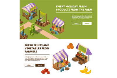 Local farm banners. Outdoor food marketplaces with vegetables meat fis