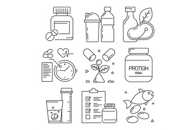 Fitness dietary icons. Sport activities food supplement health vitamin